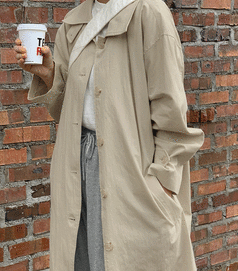 laurenhi-大衣<br>로렌하이-어퓨 하이넥 비조 싱글 롱 트렌치 코트 - 2 color