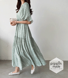 pippin-連身裙<br>피핀-스트링 러플 브이넥 원피스 #38288F(44-88) 구매가능