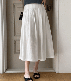 laurenhi-長裙<br>로렌하이-누아브 린넨 뒷밴딩 플리츠 롱 스커트 - 4 color